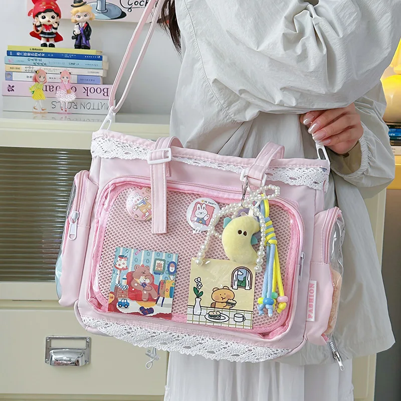 College Style Girl Crossbody Bags Transparent Pocket Solid Color Itabag Large Capacity Shoulder Lace Cotton Dolls Daily Outfit