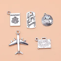 5pcs Antique Silver Color Travel Journey Passport Airplane Suitcase Charms Collection, 5 Styles, 1 of Each