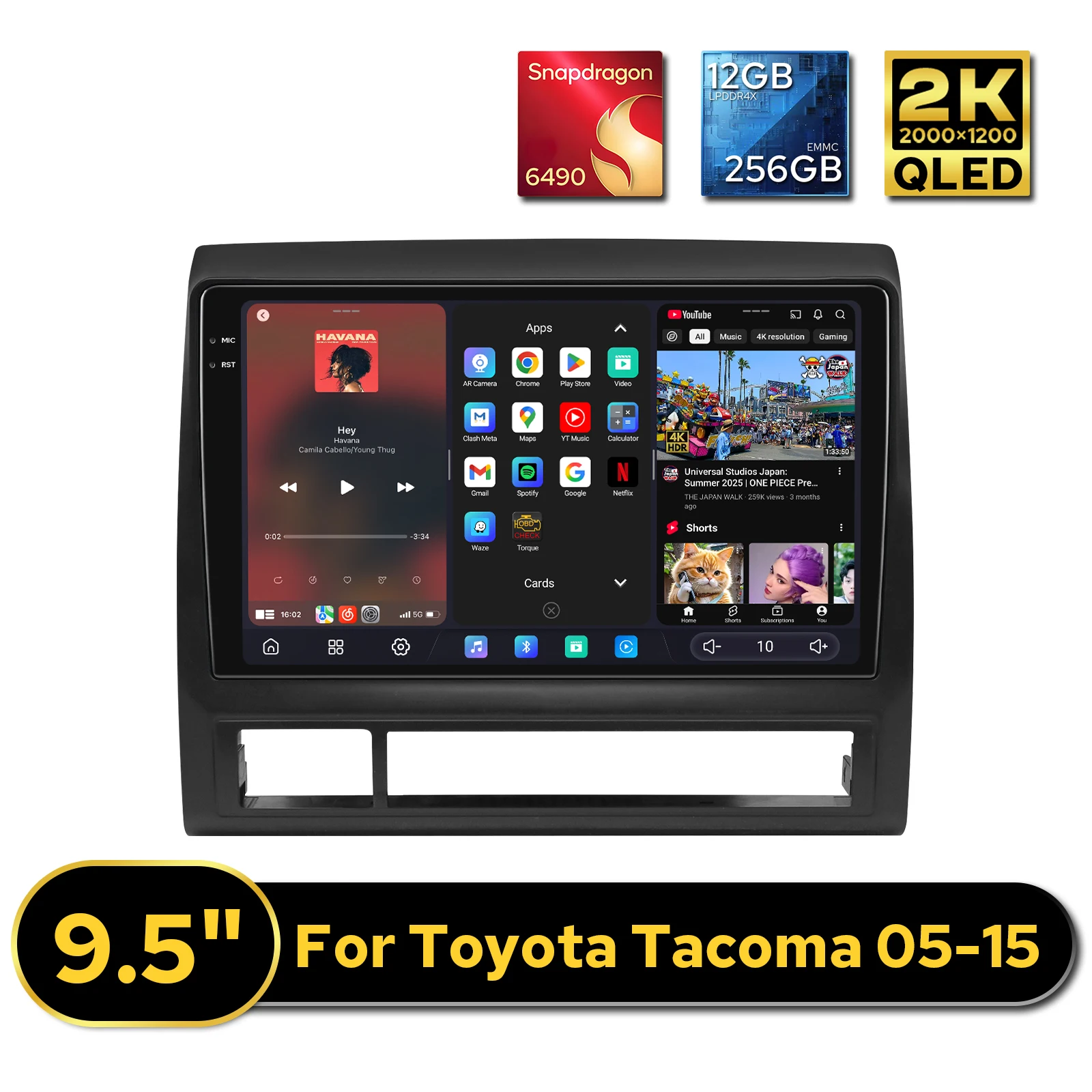 

Автомобильная стереосистема 12 ГБ + 256 ГБ 9,5 дюйма для Toyota Tacoma 2005–2015 2K QLED 2000 × 1200 CarPlay Android Auto Dual Bluetooth Plug & Play
