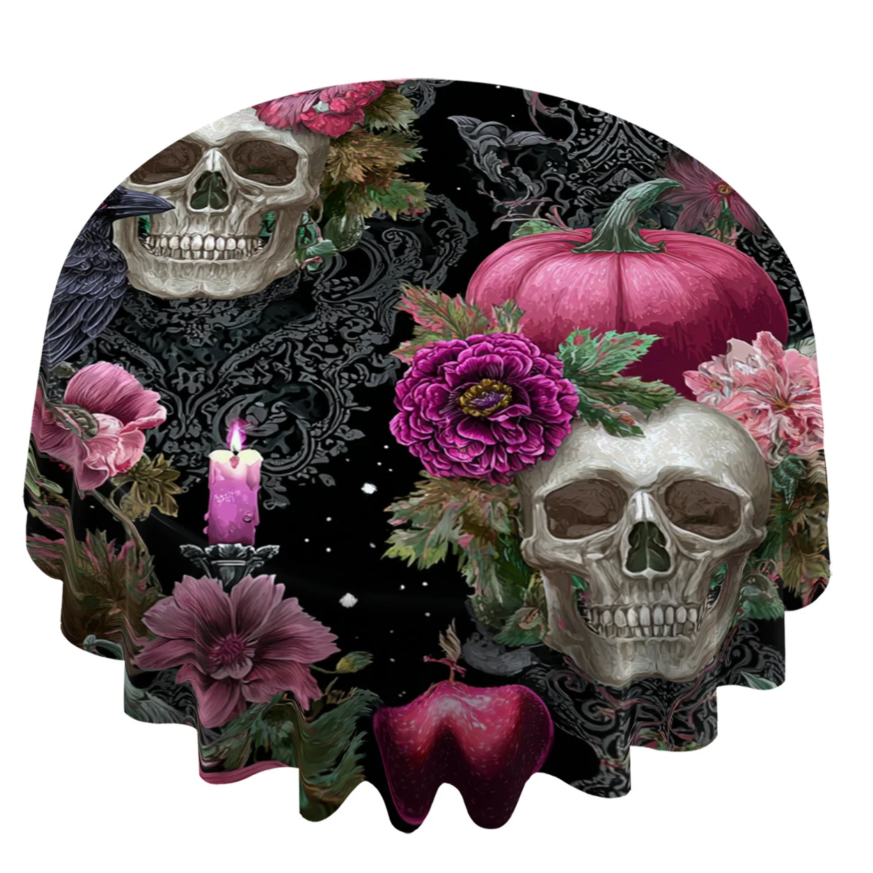 1pc Round Tablecloth with 2D Printed Pattern of Skulls, Crows, Pumpkins, Flowers, and Candles 60inch Suitable for Home