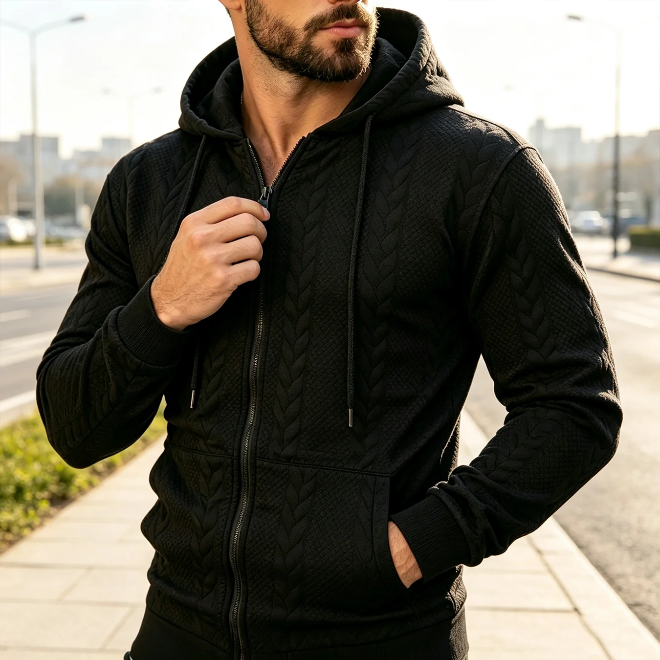 Cable Knit Texture Men Hooded Sweatshirt Full Zip Design Drawstring Hood Kangaroo Pocket Casual Daily Working Outfit