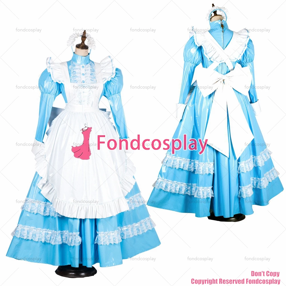 fondcosplay sexy cross dressing sissy maid long lockable baby blue thin PVC vinyl dress Uniform white apron CD/TV[G1805]