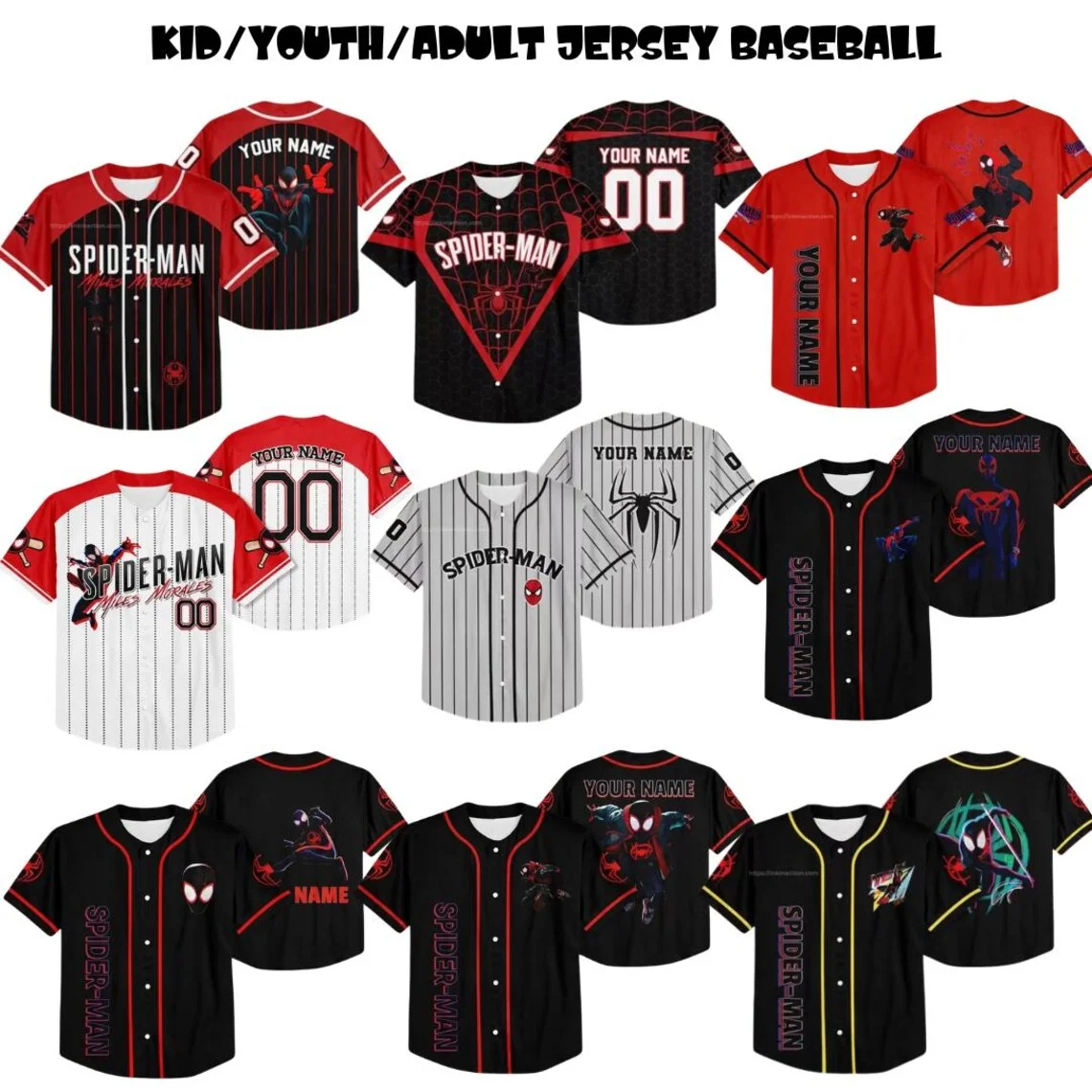 

2025 New Arravl Summer Button Spiderman Cartoon Pattern Casual Wear Custom Baseball Jersey Adult/Kids Shirt