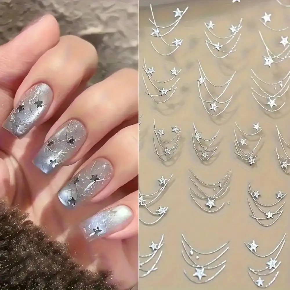 

Aurora Glitter Star Chain Nail Art Stickers, French Gold & Silver Line Nail Decals For Women