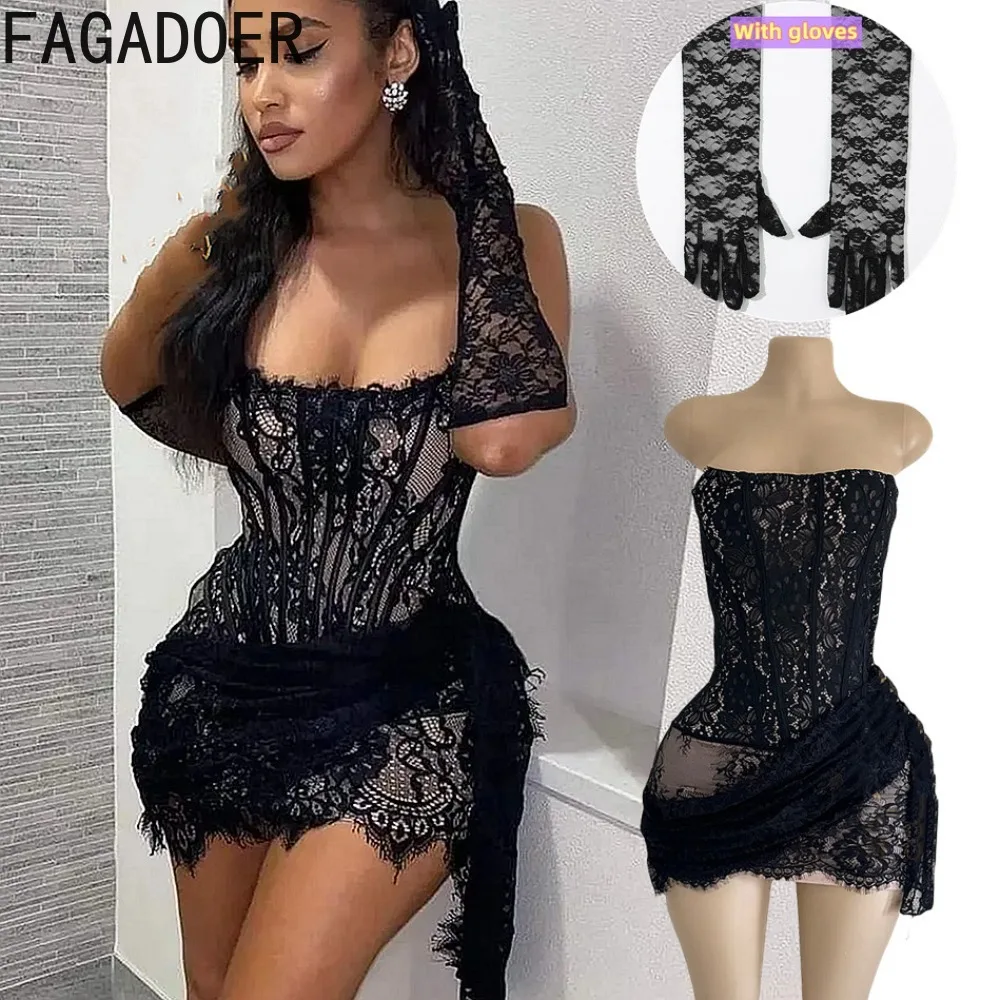 

FAGADOER Vintage Elegant Lace Dress Mesh See Through Bandage Dresses Hot Girl for Party Club Birthday Vestidos +Lace Gloves