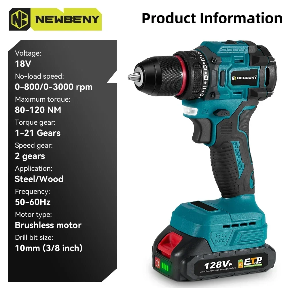 NEWBENY 21+2 Torque 10mm Brushless Electric Impact Drill Multifunctional Cordless Screwdriver For Makita 18V Battery