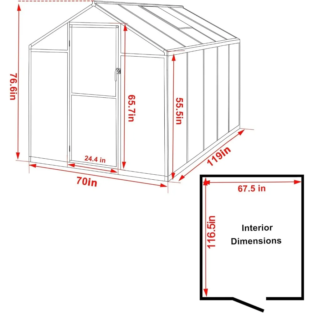 6x10 ft Outdoor Polycarbonate Greenhouse Kit with Aluminum Frame, Walk-in Garden Green House with Adjustable Roof Vent, Backyard