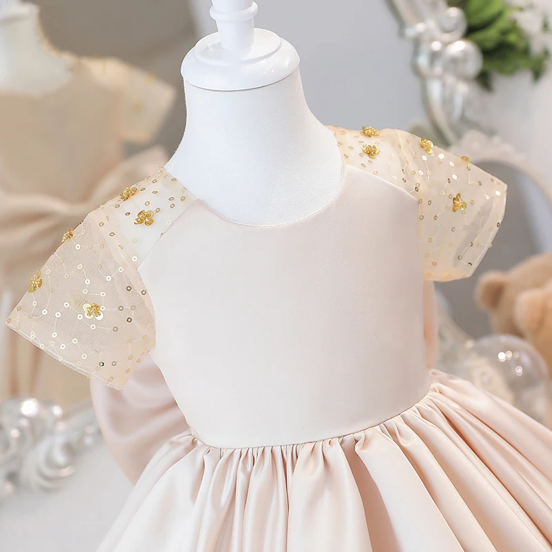 Vestido de flores de satén Simple para niños, vestidos de rendimiento de entrenamiento de manga corta de tul con lazo de lentejuelas, vestido de graduación para niños de 2 a 10 años