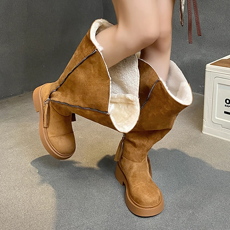 

Warm Women's High Boots Fur Suede Fashion High Heels Shoes Designer Short Plush Winter Boots 2025 New Chunky Femme Snow Botas