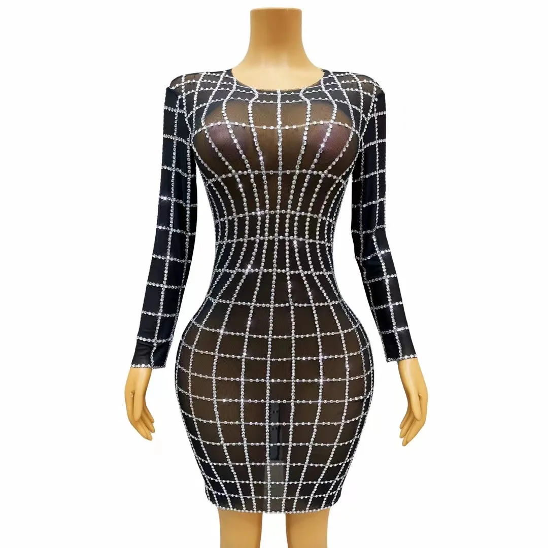 

Short Dress Black Elastic Evening Party BirthdalCelebrate Sexy Transparent Elastic Mesh DanceOutfit Singer Stage Costume C260