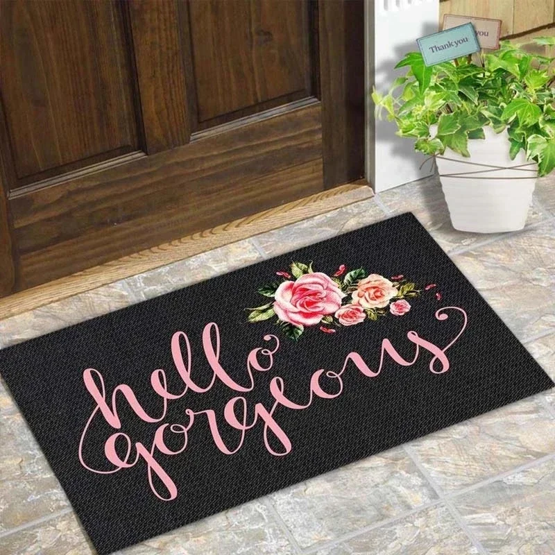 

Door Mat Entrance Floor Mat Hello Gorgeous Flower Designed Funny Indoor Outdoor Doormat Non-woven Fabric