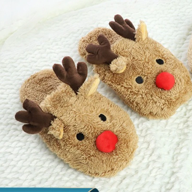 Christmas-themed homewear: non-slip cartoon-print soft cotton fleece faux lambskin antler parent-child matching slippers - Image 2