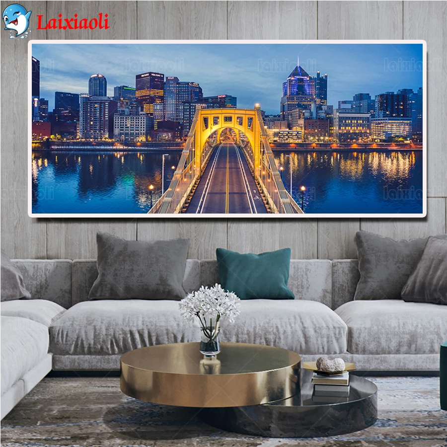 

5D Diamond Painting Modern bustling city night view,bridge scenery Full Square Diamond Mosaic Winter DIY Beaded Needlework decor