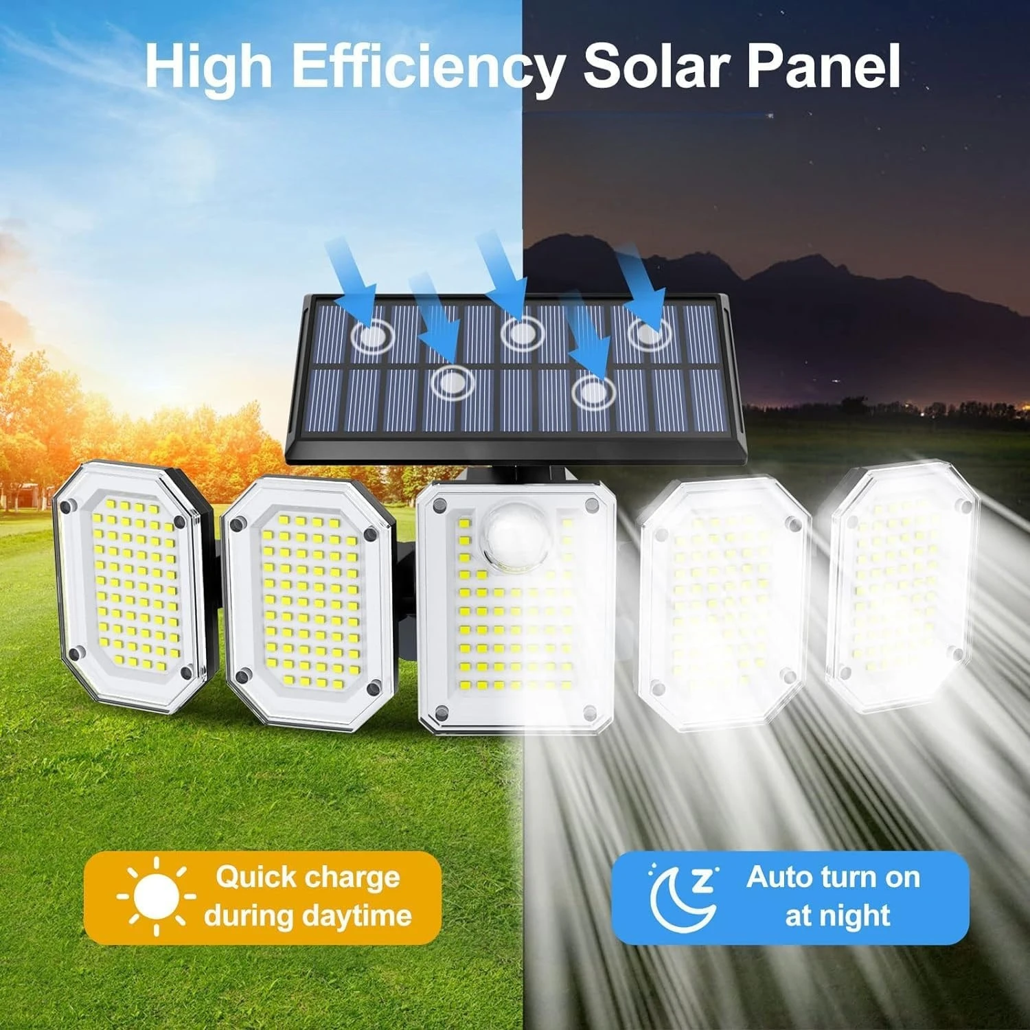 Weitwinkel-Solar-Sicherheits-Flutlicht mit 5 verstellbaren Köpfen, wasserdichte Solar-Außenwandleuchte für Hof, Garage, Garten und Gehweg