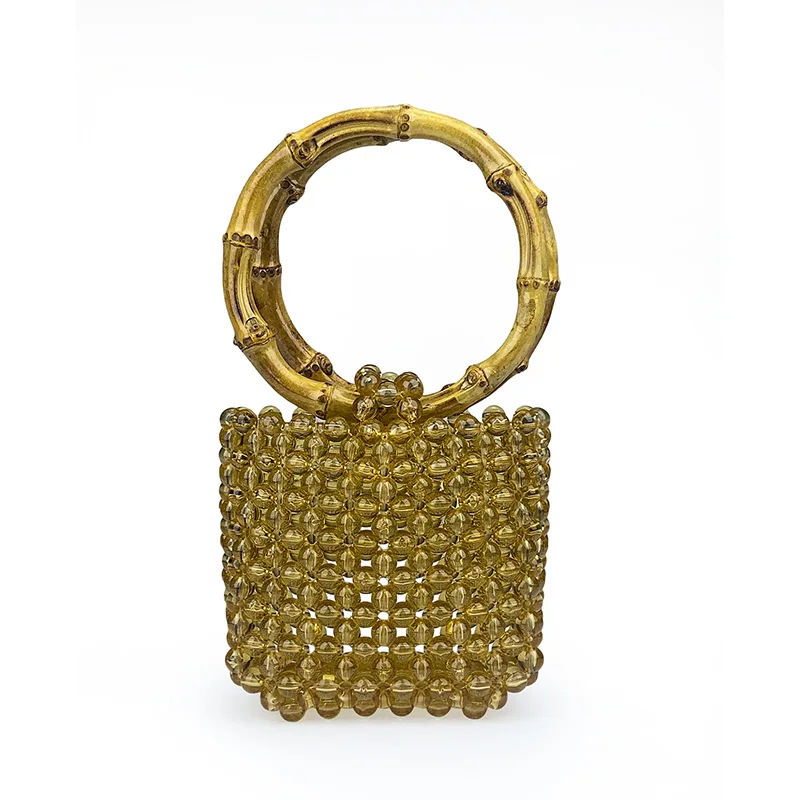 

Round Bamboo Handle Handbag and Purses Luxury Pearls Bags for Women Hollow Beaded Evening Bag Mini Party Wedding Clutch Ladies