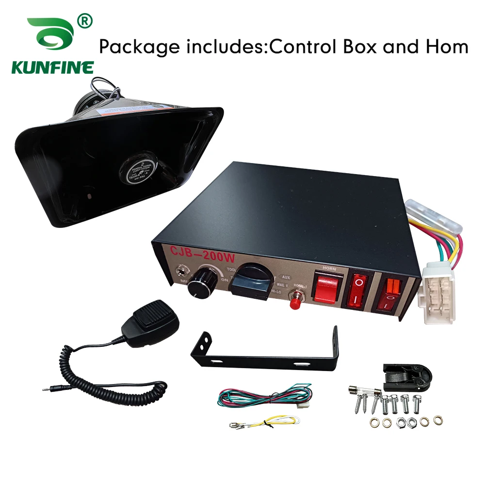 KUNFINE 12V 24V Federal Signal 200W Vehicle Warning Horn Police Wireless Car Siren 10 tones with Microphone 2 light switches