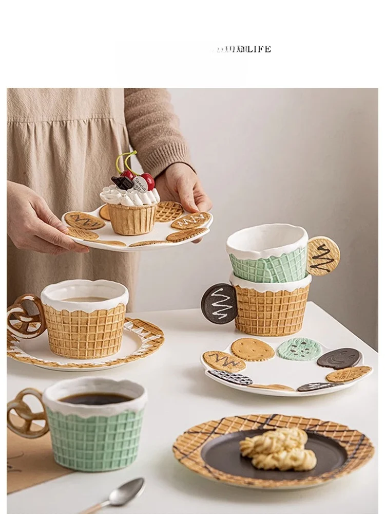 

Очаровательная корейская кофейная чашка и тарелка, миска для завтрака, банка для печенья с цветным геометрическим узором, для домашнего использования