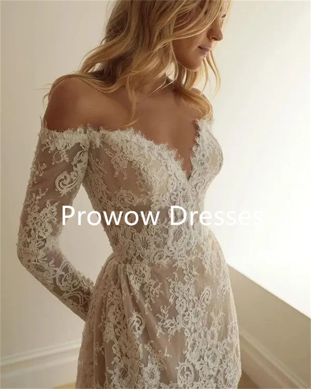 Prowow Off Shoulder Short Wedding Dress Sweetheart Long Sleeves Lace Customized Boho Bridal Gowns Elegant A Line Party Dresses