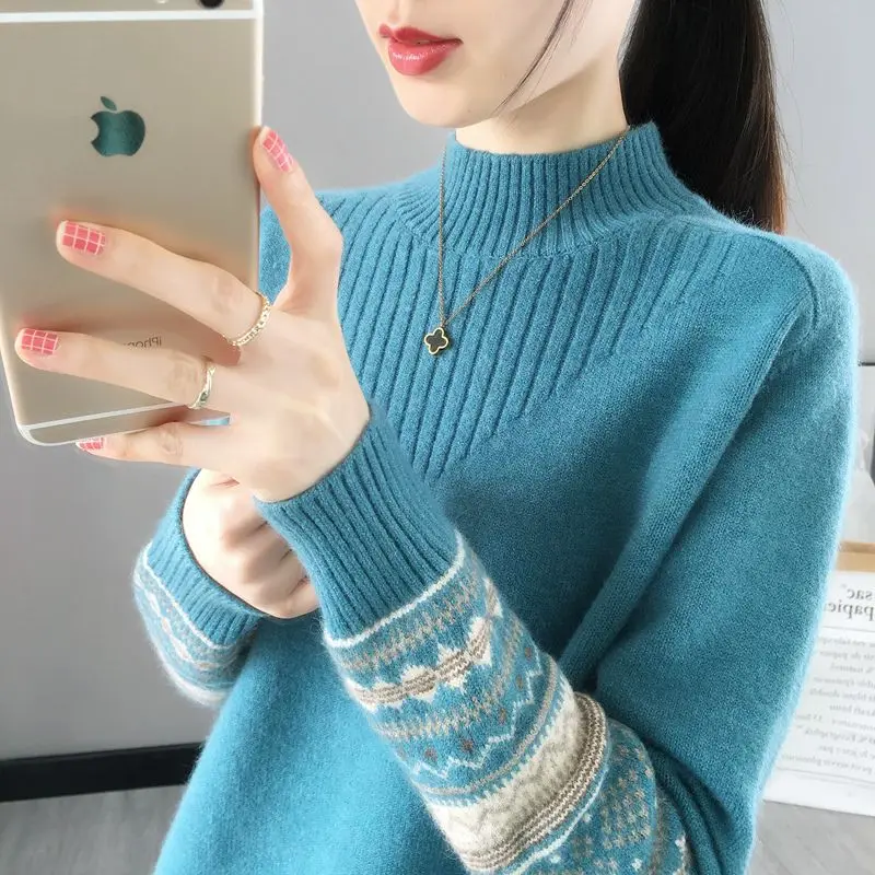 الراقية المرأة محبوك سترة f عالية طوق قاعدة طبقة طويلة Sve العلوي تي شيرت كومبو منتظم رقيقة الشتاء Sle