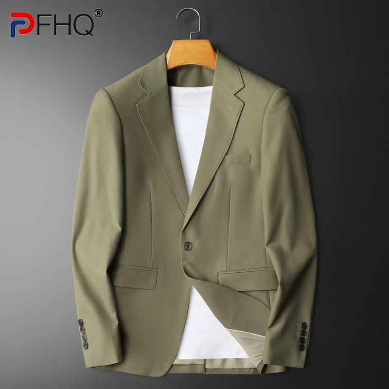 PFHQ 2024 Autumn Men's Slim Fit Suit Jacket 2024 Solid Color Single Button Long Sleeve Korea Fashion Simple Male Tops 21Z5818