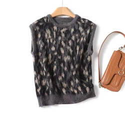 YENKYE High Street Women Vintage Leopard Print Knit Vest Round Neck Sleeveless Autumn Crop Pullover Casual Tops