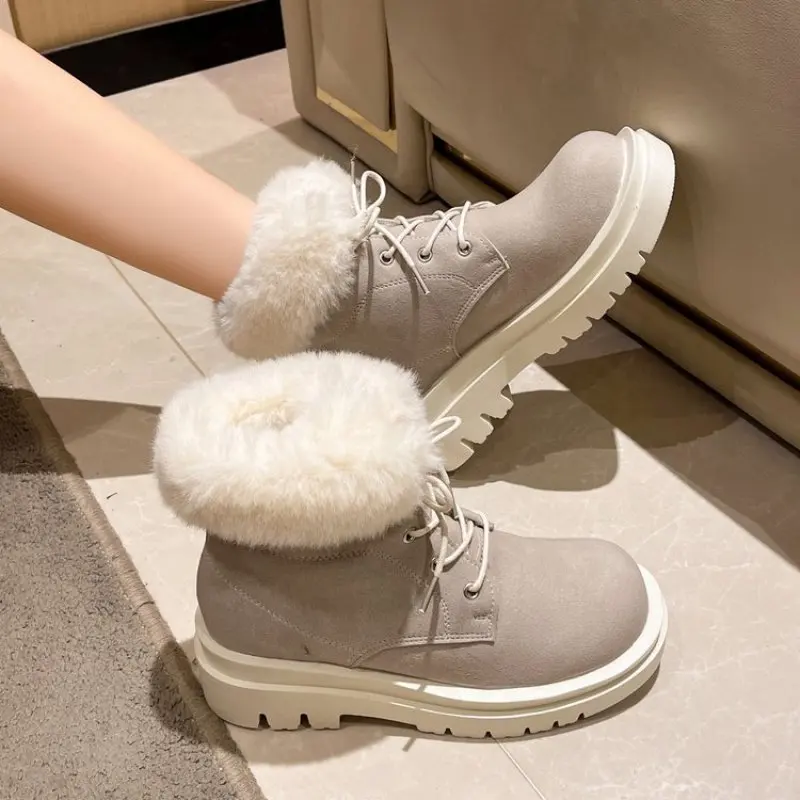 Wool Winter Keep Warm Snow Boots Full Grain Leather Round Toe High Heels Sheep Fur Lace Up Ankle Boots English Style Outdoor New