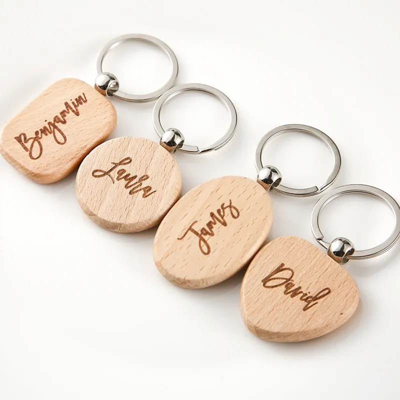 50PCS Blank Keychain Natural Wood Rectangular Round Heart Key Tag Engraving Craft DIY Kid Paint Arts Gifts for Family Friends