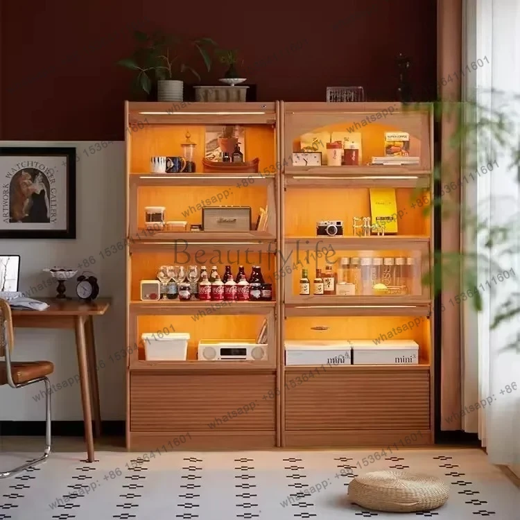 

yj32 Cherry wood solid wood bookcase floor-to-ceiling bookshelf Nordic glass display Japanese-style living room dining side