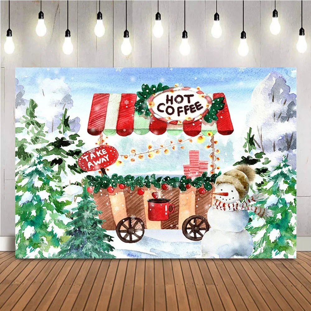 Hot Coffee Shop การถ่ายภาพพื้นหลังฤดูหนาวหิมะ Pine Tree ภาพฉากหลังสําหรับ Photo Studio คริสต์มาสฤดูหนาวถ่ายภาพ Props