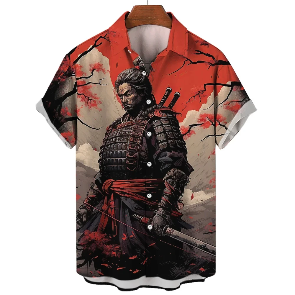 Vintage Japanese Samurai Hawaiian Retro Shirt For Men Social Blouse 3d Short Sleeve Tops Harajuku Streetwear Summer Man Clothing