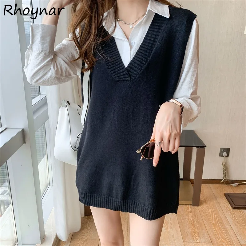 Solid Sweater Vest Women Unisex Couples Retro Baggy Side-slit V-neck Harajuku Basic Korean Style Casual All-match Fashion Cozy