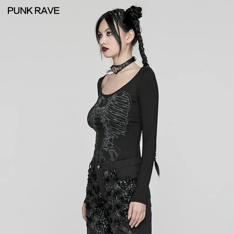 PUNK RAVE Women's Backbone Shaped Chain Punk Knitted Long Sleeve Slim T-shirt Gothic Daily Hot Sexy Black Tops Women Clothes