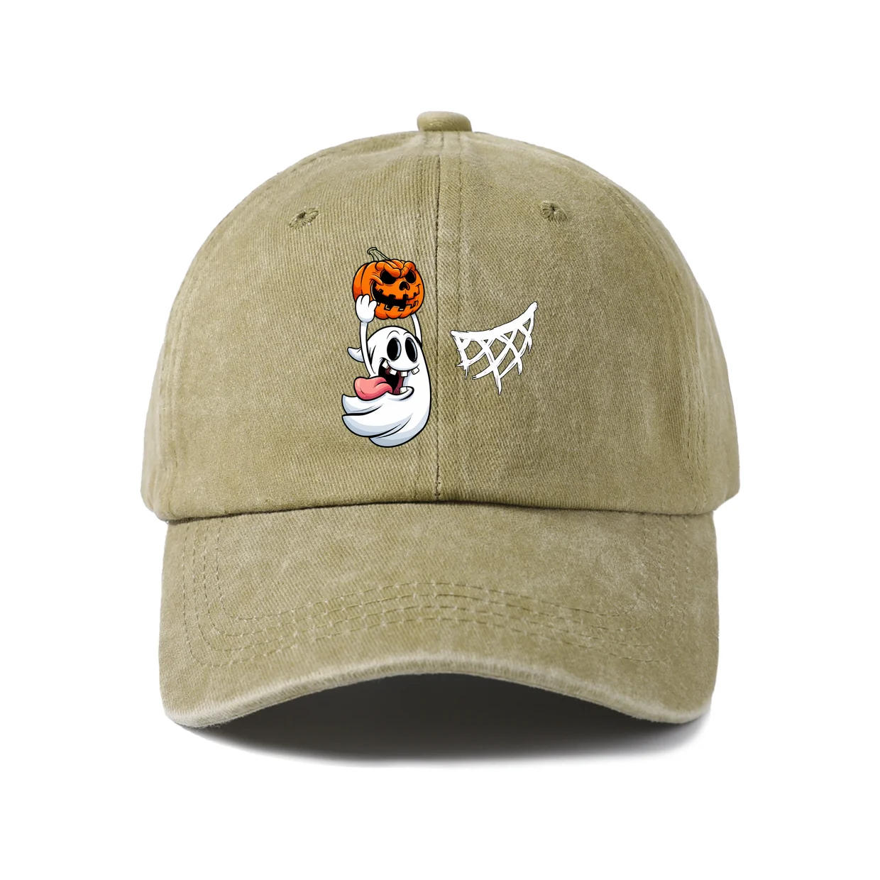Vintage Washed Ghost Pumpkin Spider Web Graphic Baseball Cap, Adjustable Unisex Dad Hat, Halloween Gift