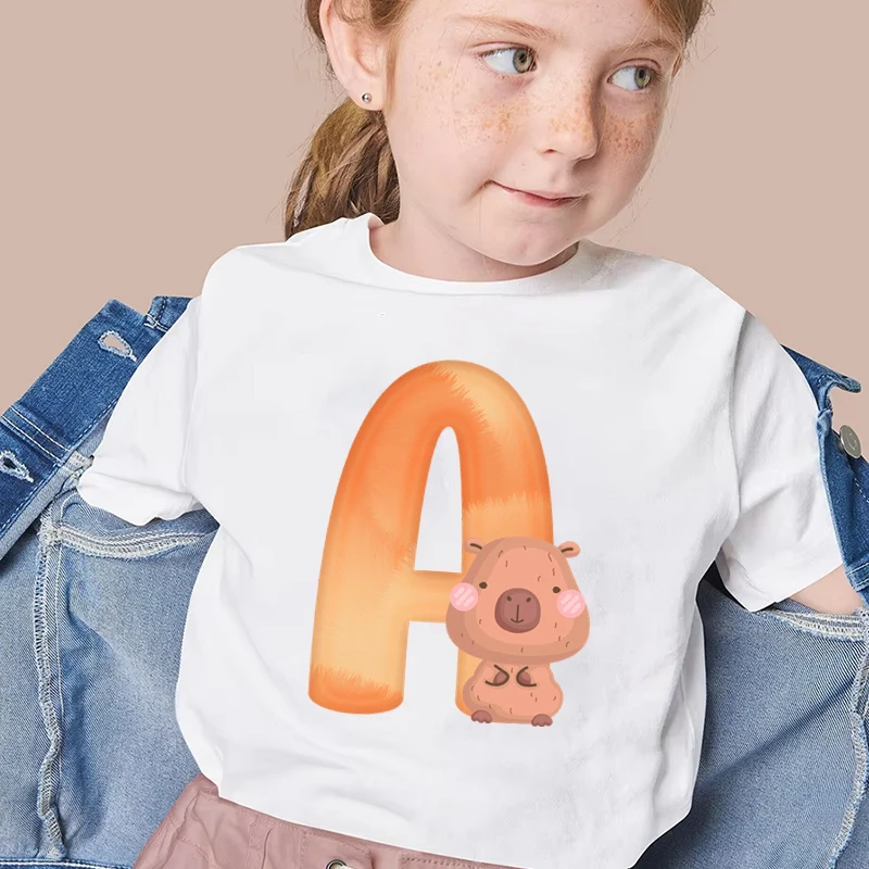 Capybara T-shirts Girls Boys Cartoon Letter A-Z T Shirt Funny Fashion Y2K Tops Tees Cute Capybara 26 Alphabet Cotton T-shirt