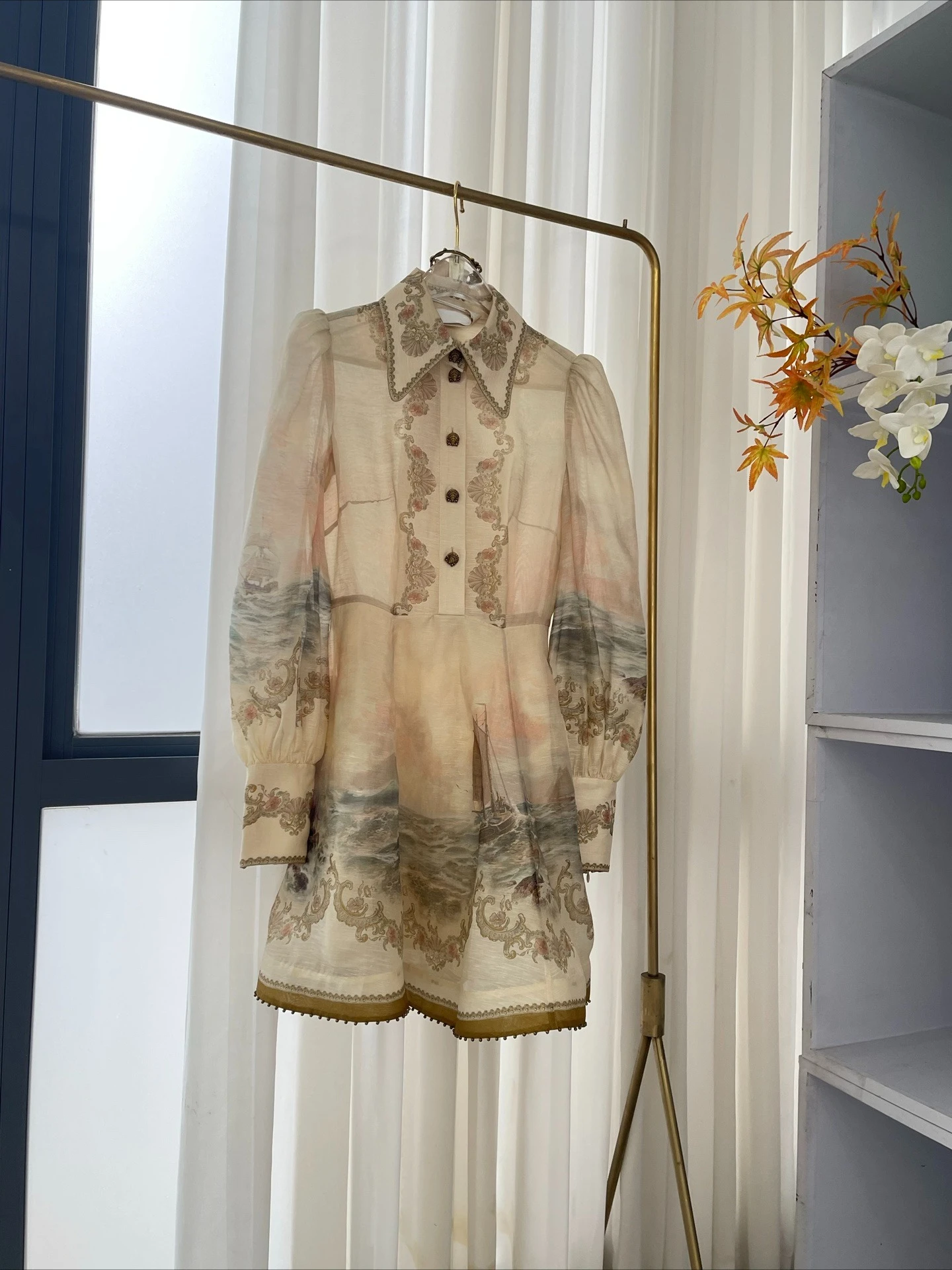 

2025 New Design Beige Marine Pattern Print Long Sleeve Mini Dress