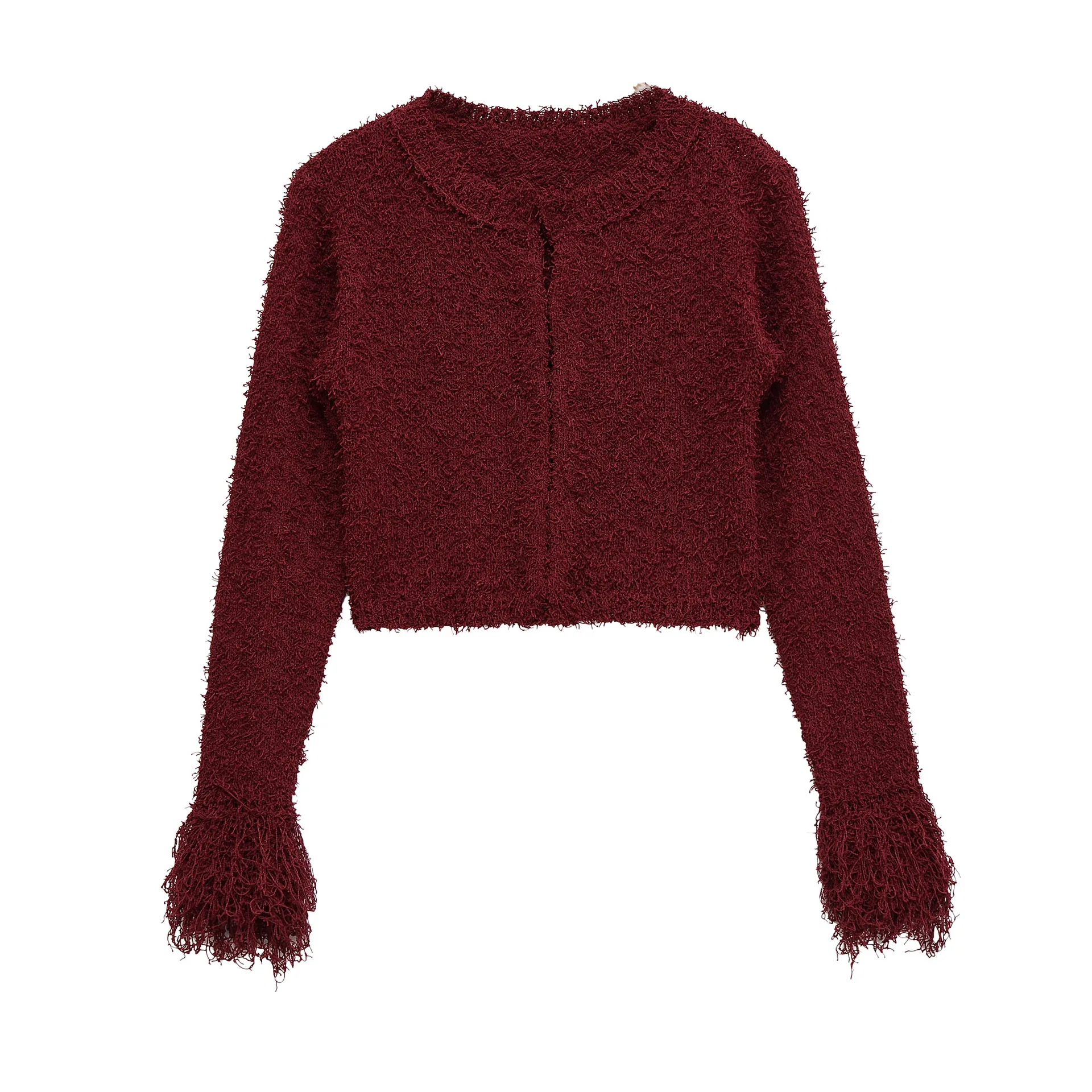 

Woman's Fringed Knitted Cardigan Round Collar Slim Fit Solid Color Hidden Button Cropped Sweater Early Autumn New Chic Top