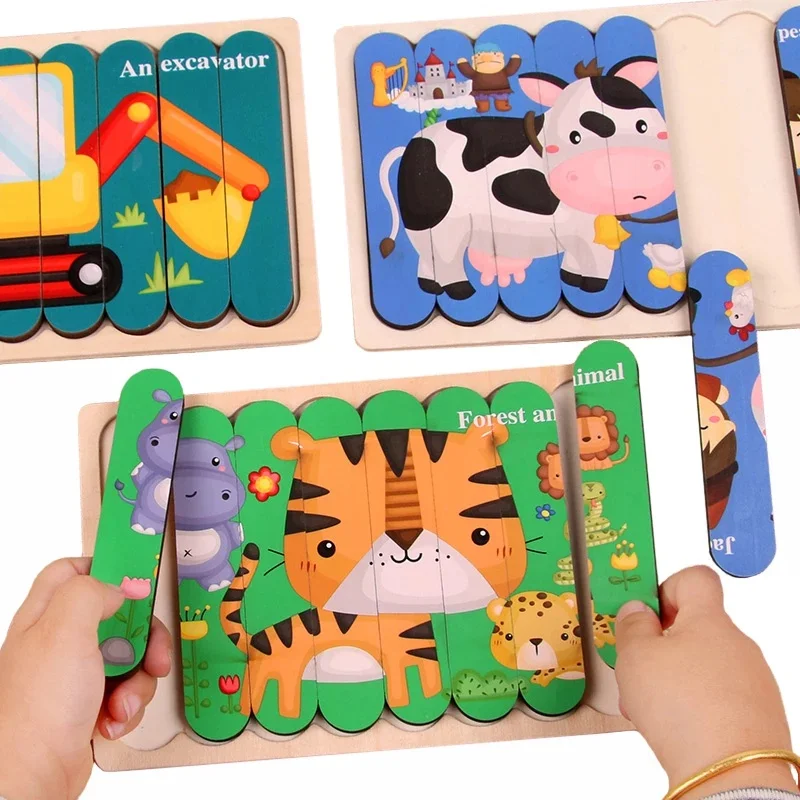 1Pc Kids Two-sided Wooden Strip 3D Puzzles Wood Vehicle Fruit Jigsaw Puzzle Toy for Children Baby Learning Educational Toys Gift