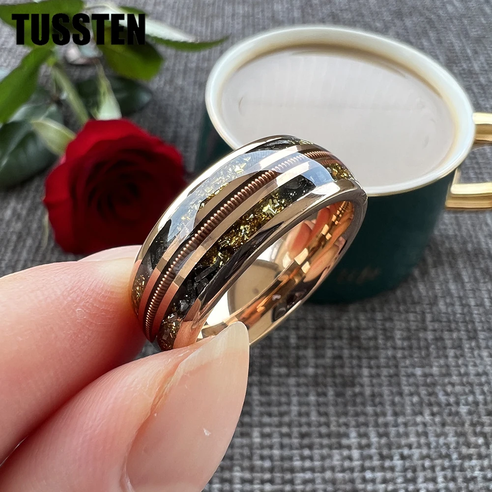 TUSSTEN 2024 New 8MM Rose Gold Color Meteorite Gold Foil Guitar String Ring Men Women Tungsten Wedding Band Real Wood Inlay