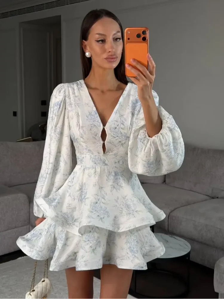Floral Mini Dress V Neck Balloon Sleeve Tiered Ruffle Summer Style for Women - Blue