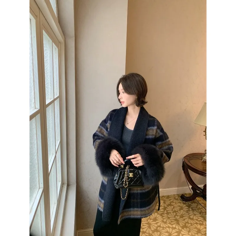 Retro Plaid Double Faced Wool Coat Women Contrast Shawl Collar Belted Fur Trim Cuff Oversize Elegant Fall Winter Trendy
