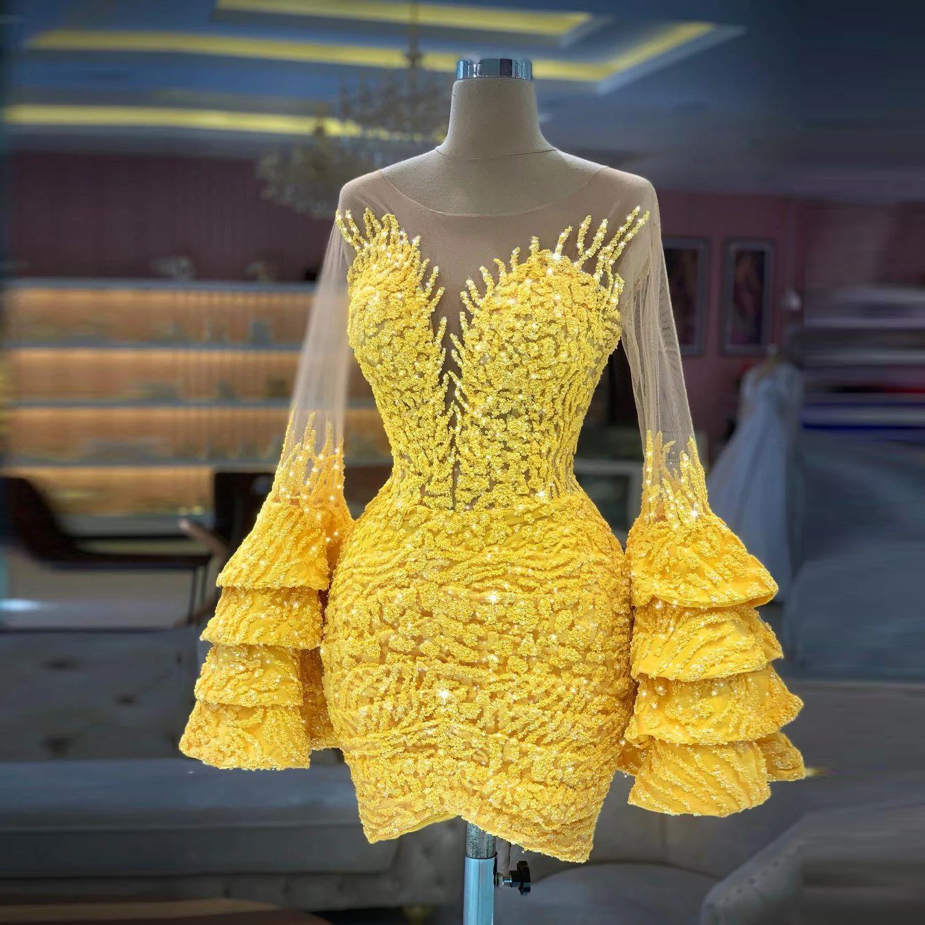 Yellow Lace Prom Dress Perspective High Neck Long Sleeve Formal Party Detachable Train Dress Evening Dress Customization