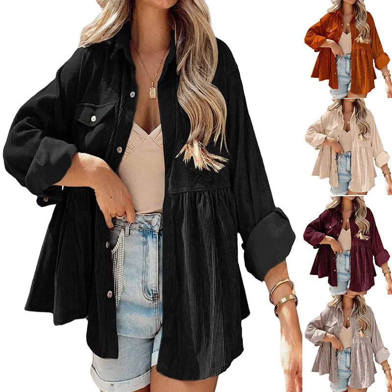 

Fashionable Blouse Long Sleeve Corduroy Blouse Ruffled Buttoned Oversized Blouse Contemporary Streetwear RuffledDetail Top