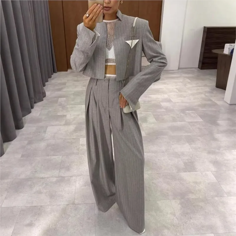 Damen Gestreiftes 2-Teiliges Set 2026 Frühling Herbst Stehkragen Kurze Jacke + Gerade Hose Büro-Anzug Pendler-Outfit