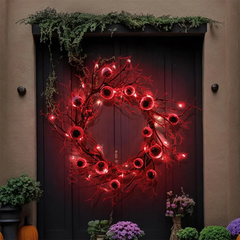 Halloween Eyeball Wreaths 45CM Spooky Eyeball LED Luminous Deadwood Wreath For Doors Window Flower Garland Halloween Decoration