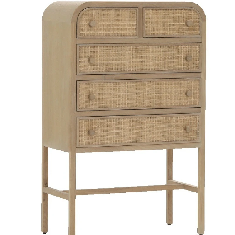 

Nordic retro drawer chest, wabi-sandy wind solid wood rattan storage, homestay double-edge entrance cabinet