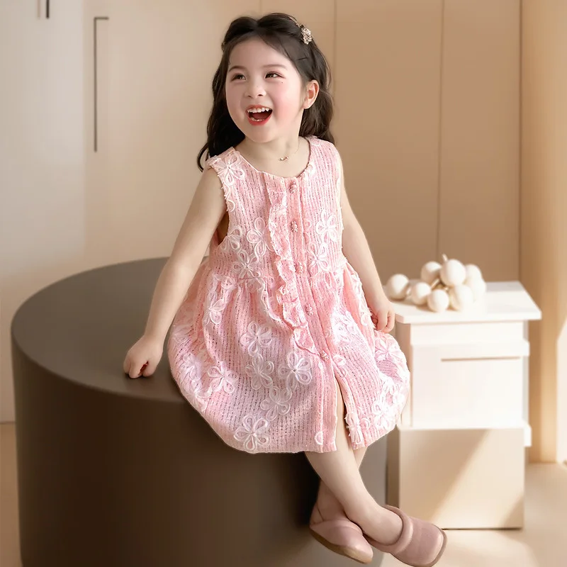 

Girls Rabbit Buckle Dress 2025 Summer New Little Girl Foreign Style Thin Vest Skirt Small Flower Princess Dress Fashion