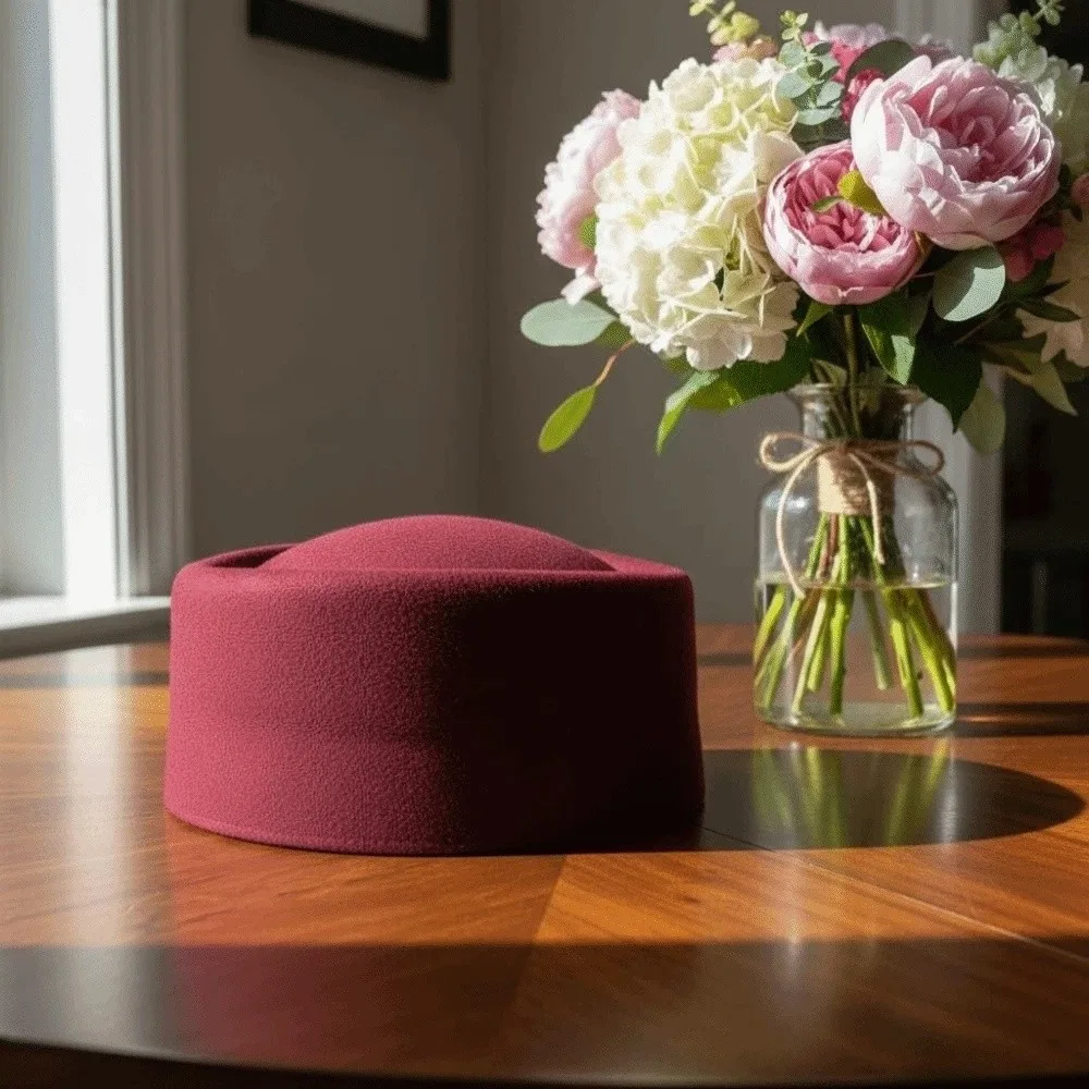 Uniform Stewardess Hat Vintage Looking Pillbox Hat French Style Dome Woolen Top Hat Air Hostess Solid Color Formal Hat Banquet