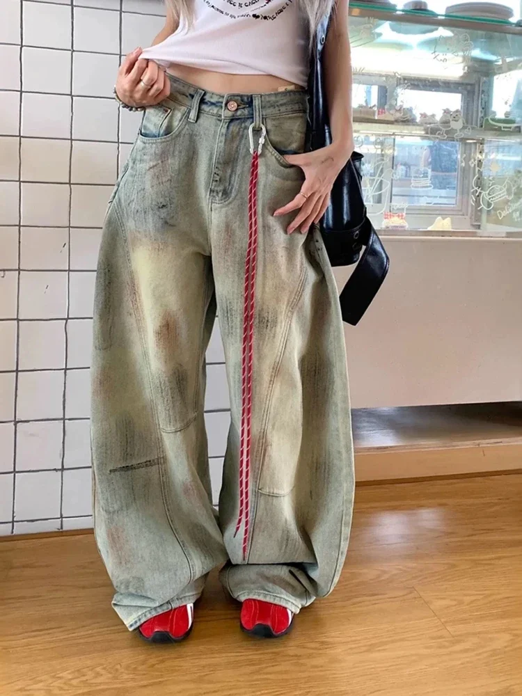 

HOUZHOU American Vintage Women Jeans High Waist Wide Leg Baggy Denim Trousers Hip Hop Grunge Straight Pants Casual Streetwear