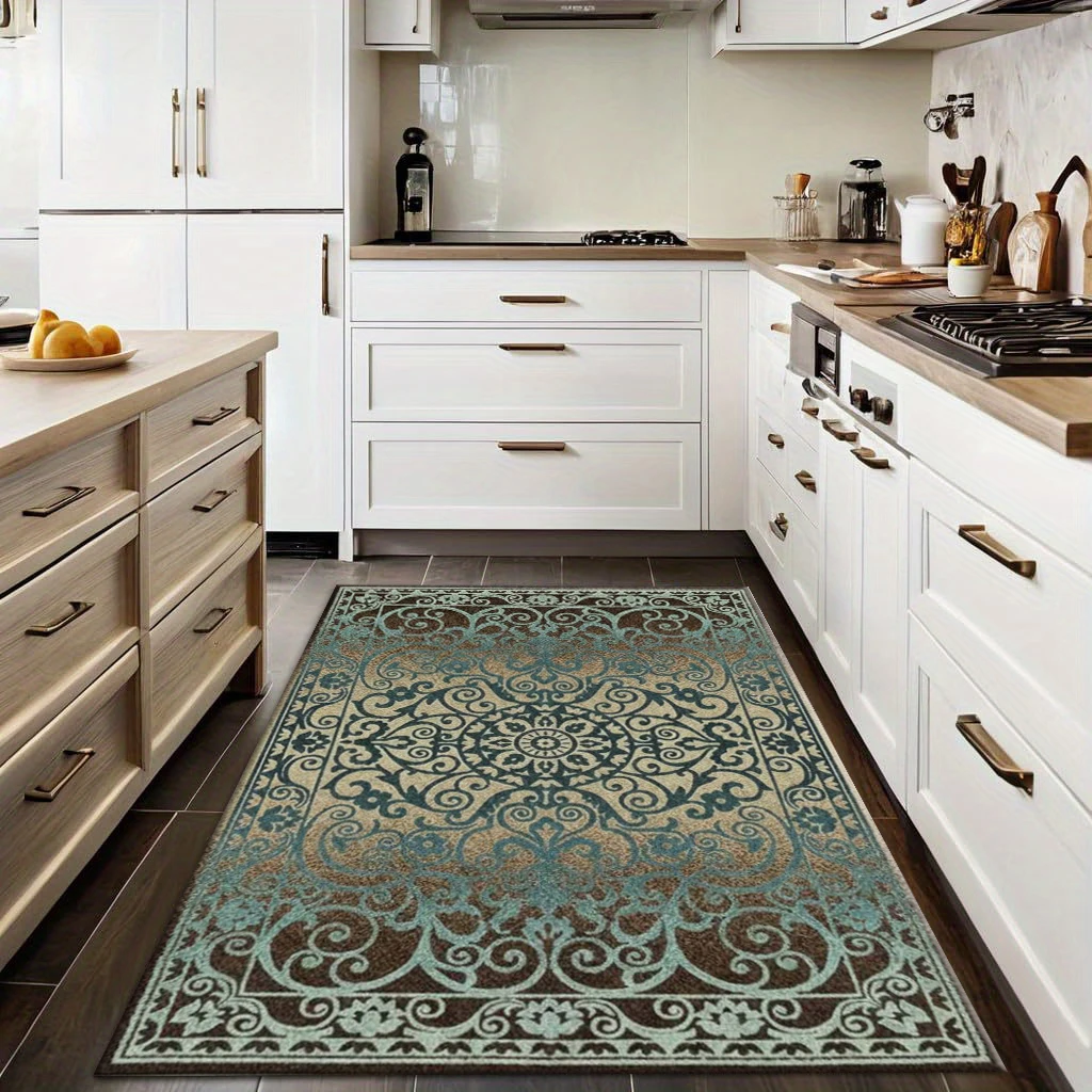 Vintage Teal Green Brown Gorgeous Patterned Scroll Non-Slip Carpet Living Room Home Carpet