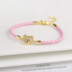 New 6 Colors Fashion Cute Animal Bear Zirconia Leather Rope Braided Adjustable Bracelet Classic for Man Woman Party Jewelry Gift